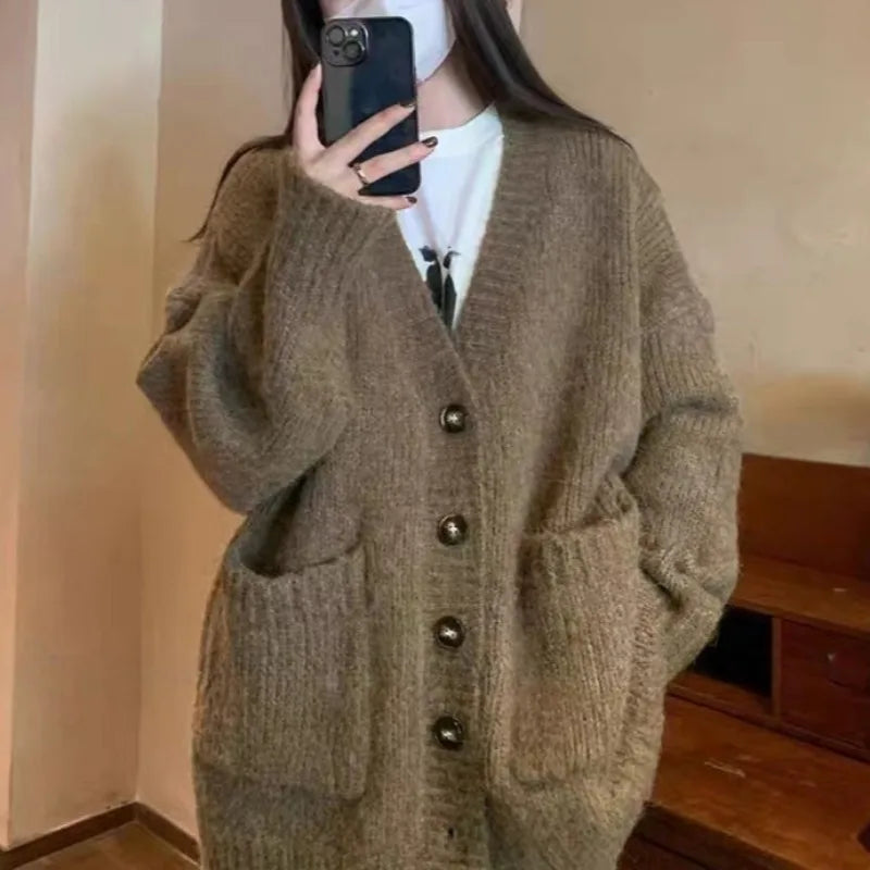 Autumn Winter Fashion Solid Cardigan Sweater Women Knitted Coats Female Long Sleeve Casual Loose Knit Jacket Cardigans Knitwear
