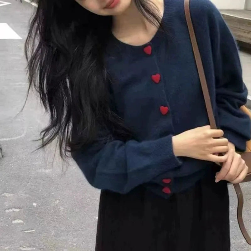 High Quality Sweater Cardigan Women Heart-Shaped Buttons Round Collar Knitted Cardigans Female Comfortable and Soft Knitwear