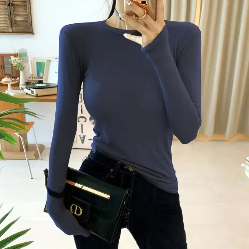 2025 Women Tshirt Tops Spring Autumn Femme Tee Shirts Korean Style T Shirt Woman Slim Cotton O-neck Long Sleeve Casual Y2K