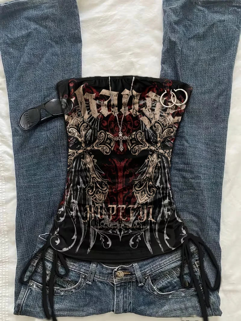 cropped top  ，Women's summer fashion vacation slim fit retro printed tank top