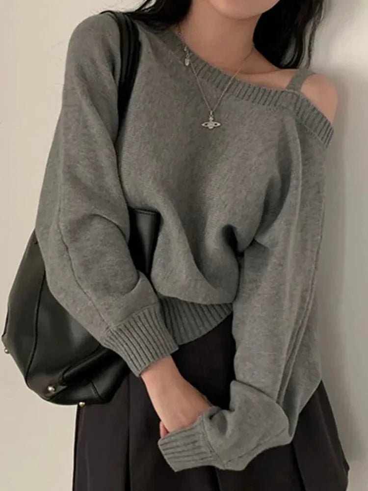 Women Knitted Sweaters Spring Autumn Chic Off Shoulder Bat Sleeve Jumpers Korean Fashion Lazy Niche Lady Pullovers Top New