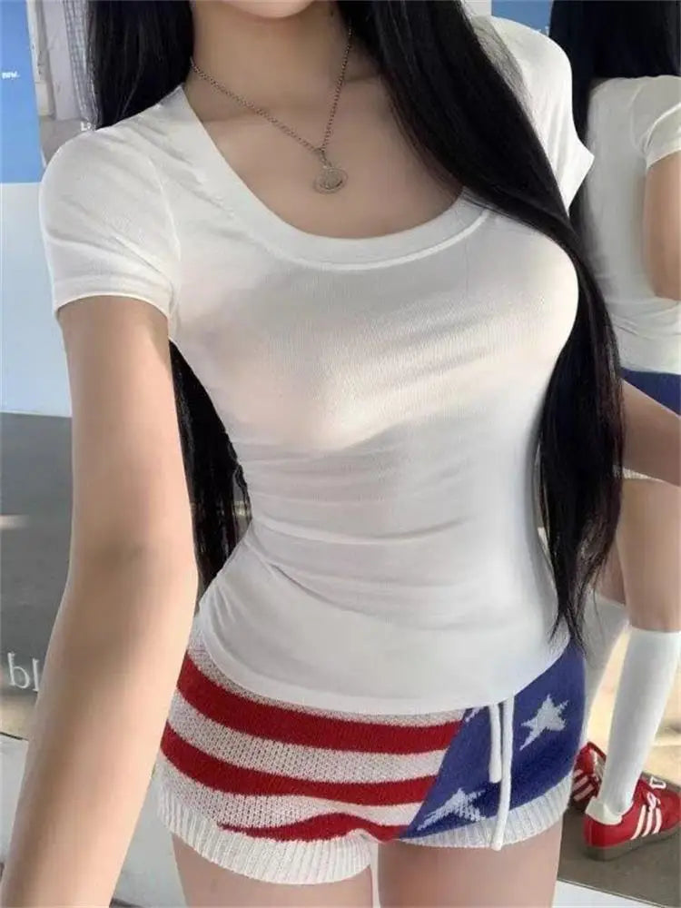 Womens Basic T-Shirts Square Neck Short Sleeve Top Solid Color Cute Summer Skinny Tops Slim Fit Tee Shirt Casual Clothing