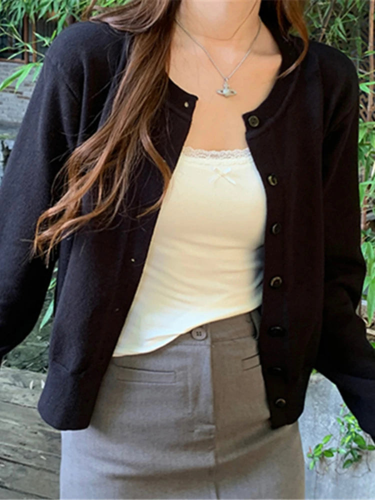 AOSSVIAO 2025 Women's Long Sleeve Cardigan O Neck Button Down Knit Lady Autumn Spring Knitted Single-breasted Cardigan Sweaters