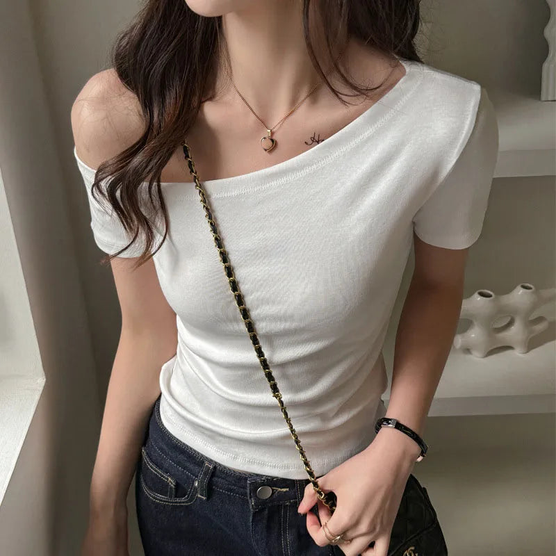Korean Fashion Slash Neck T-Shirts for Women Sexy One Shoulder Short Sleeve T-Shirt Woman Summer Black White Basic Clothing Tops