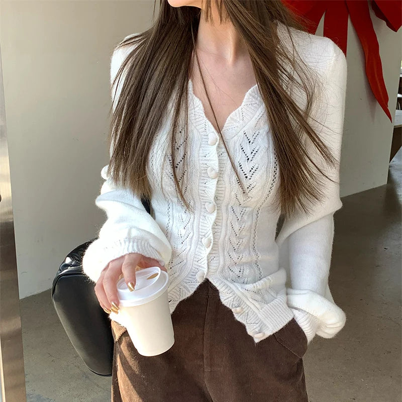 Y2K Vintage Hollow Out V-Neck Knitted Cardigan Women Sexy Slimming Sweater Coat Autumn Korean Chic Single-Breasted Knitwear Tops