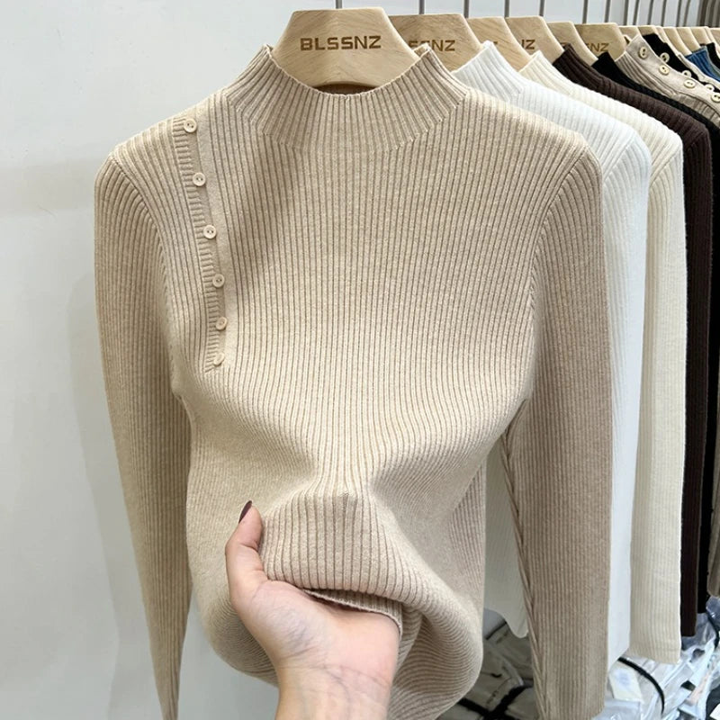 AOSSVIAO 2025 Autumn Winter New Sweater Women's Turtleneck Solid Color Pullovers Korean Long Sleeve Slim Button Femme Warm Tops