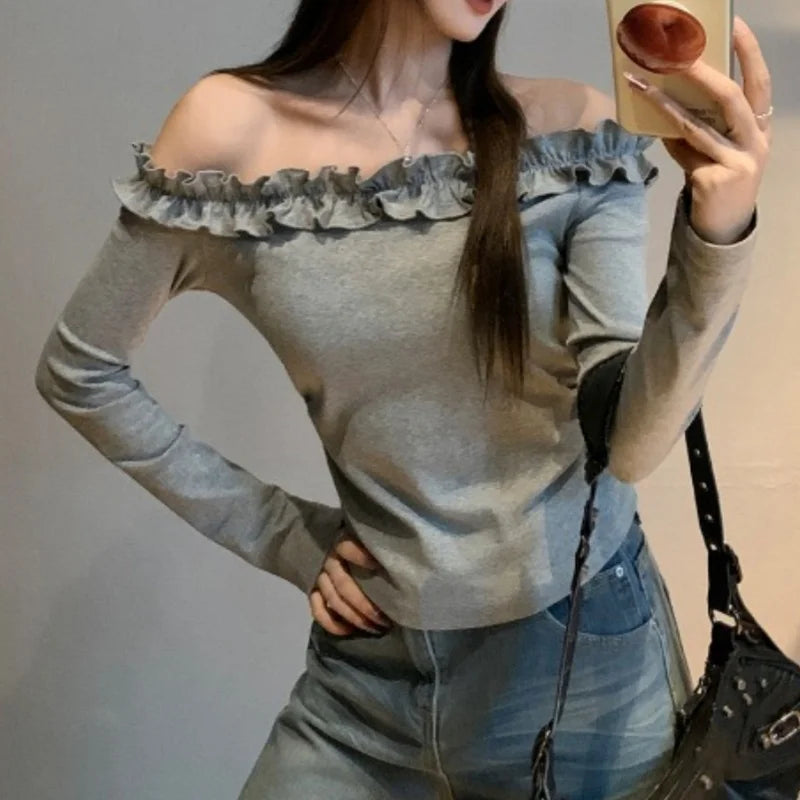 2025 New Autumn Slash Neck Vintage Ruffles Women's T-shirt Long Sleeve One Shoulder Grey Casual Korean Bottom Shirts Tops Female
