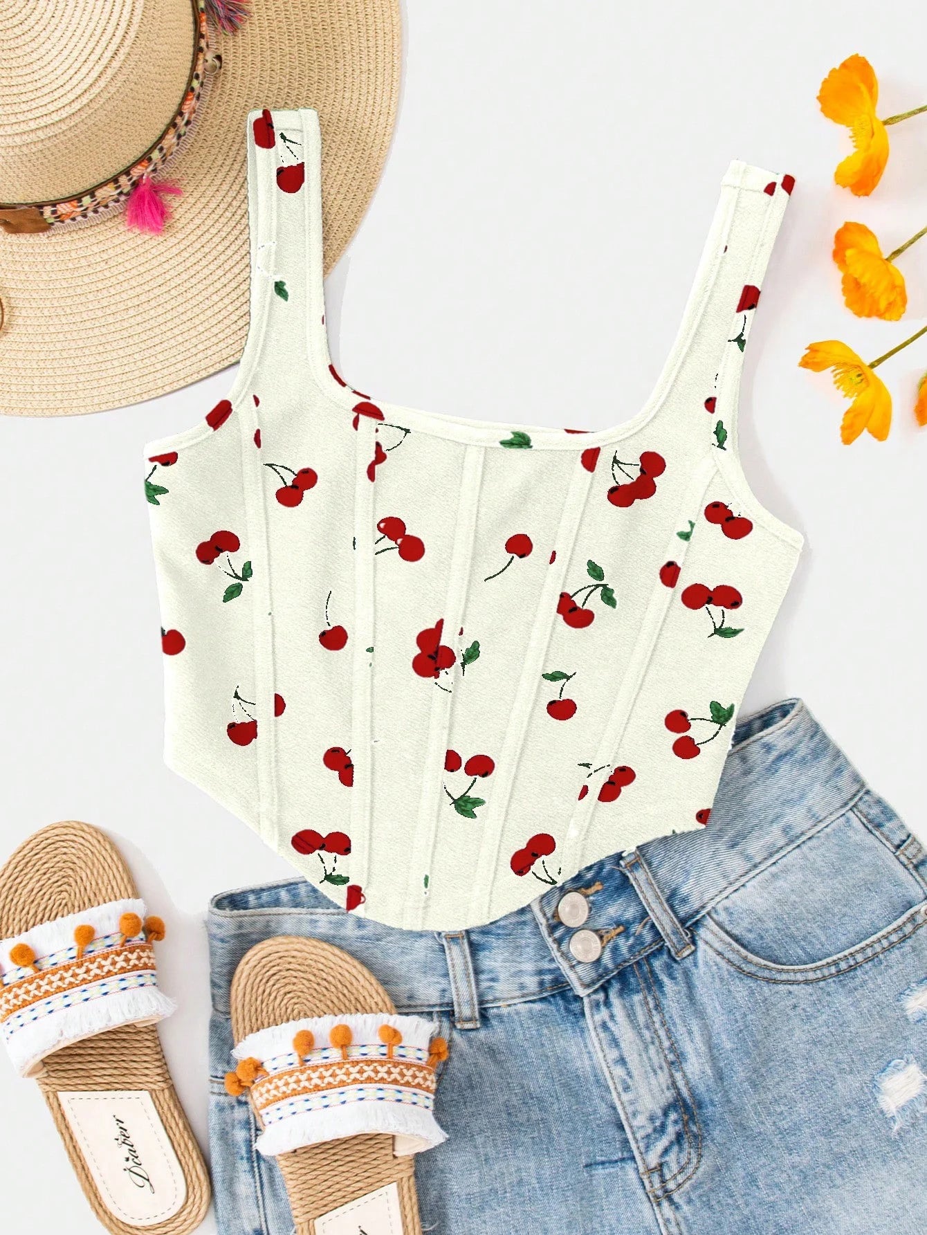 Women's Summer Casual Sleeveless Cherry Print Cropped Tank Top, Fashionable Women's Daily Wear Tops
