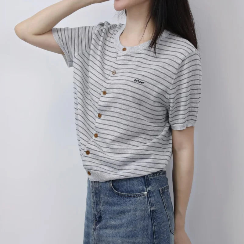 Women's New Summer Short-Sleeved Striped Sweater Simple Commuter Thin Knitted Cardigan New Korean Casual Women's Top