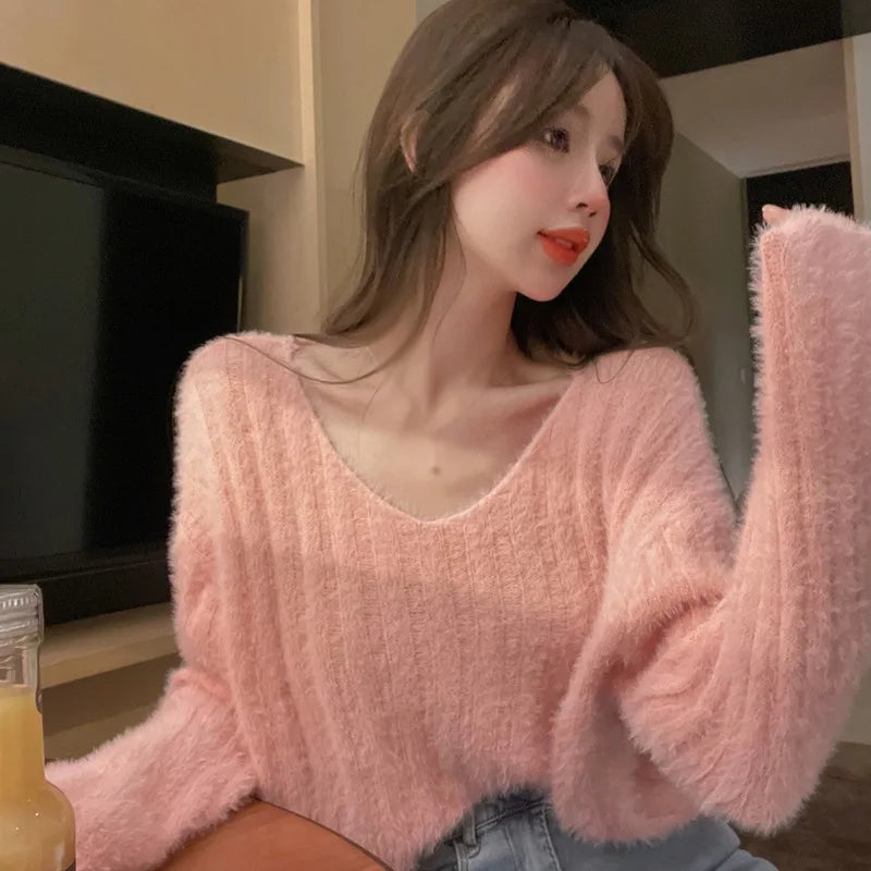 Winter Women Pullovers Loose Fit Knitted Sweater Base Layer Shirt Long Sleeves V Neck Solid Color Warm Tops Lady Casual Jumpers