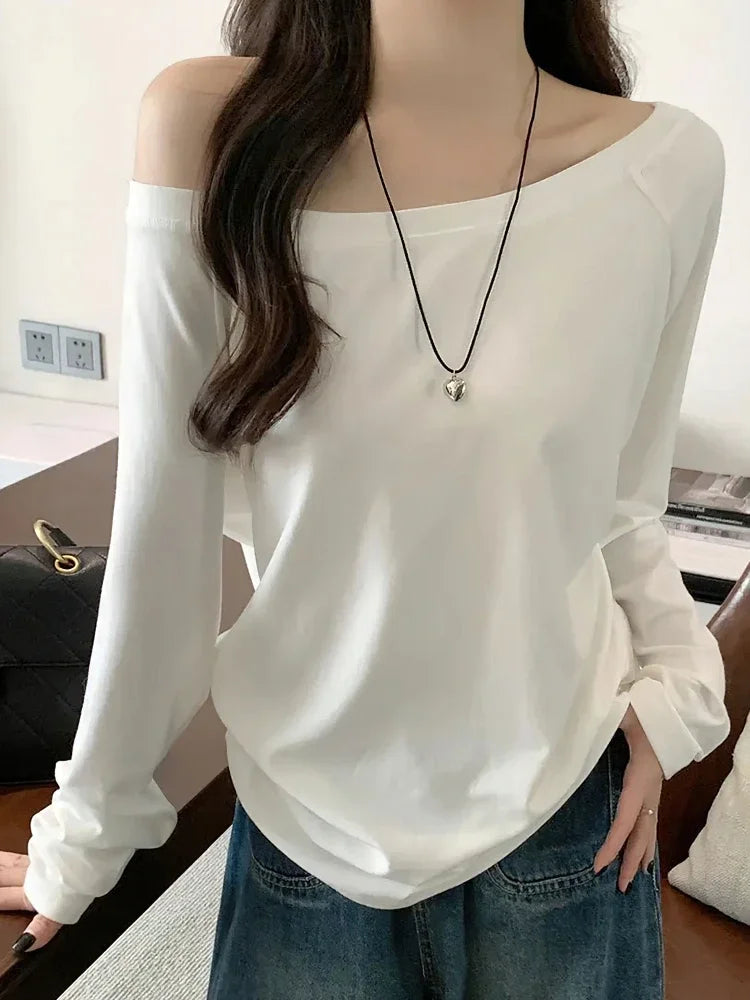 2025 Autumn new off shoulder long sleeve women  casual T-shirts  solid casual vintage simple  streetwear  basic top
