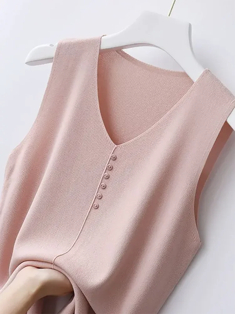 Knitted Vests Women Top V-neck Solid Tank Blusas Mujer De Moda 2025 Summer New Fashion Female Sleeveless Casual Thin Tops