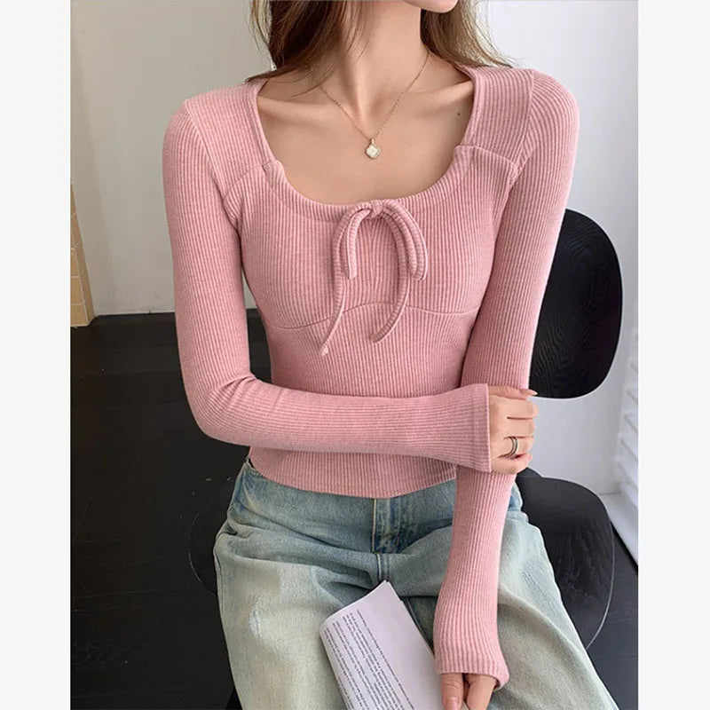 Autumn Sexy Tight Women T Shirts Korean Bowknot Bandage Ribbed Long Sleeve Tees Female Y2K Fashion Basic Knitted Crop Tops