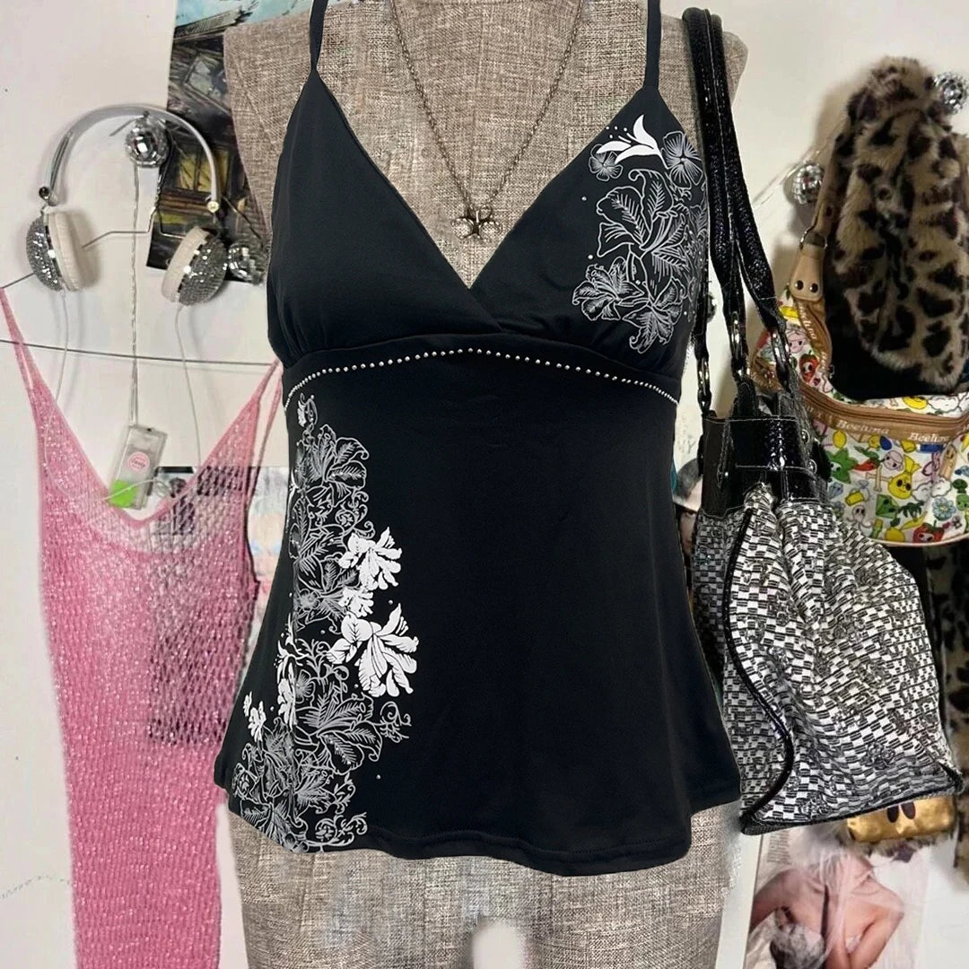 Y2K Vintage Black Suspender Tops Women Harajuku Flower Graphic Print Rivet Mini Camis Cotton Gothic Sexy Hottie Summer Clothes