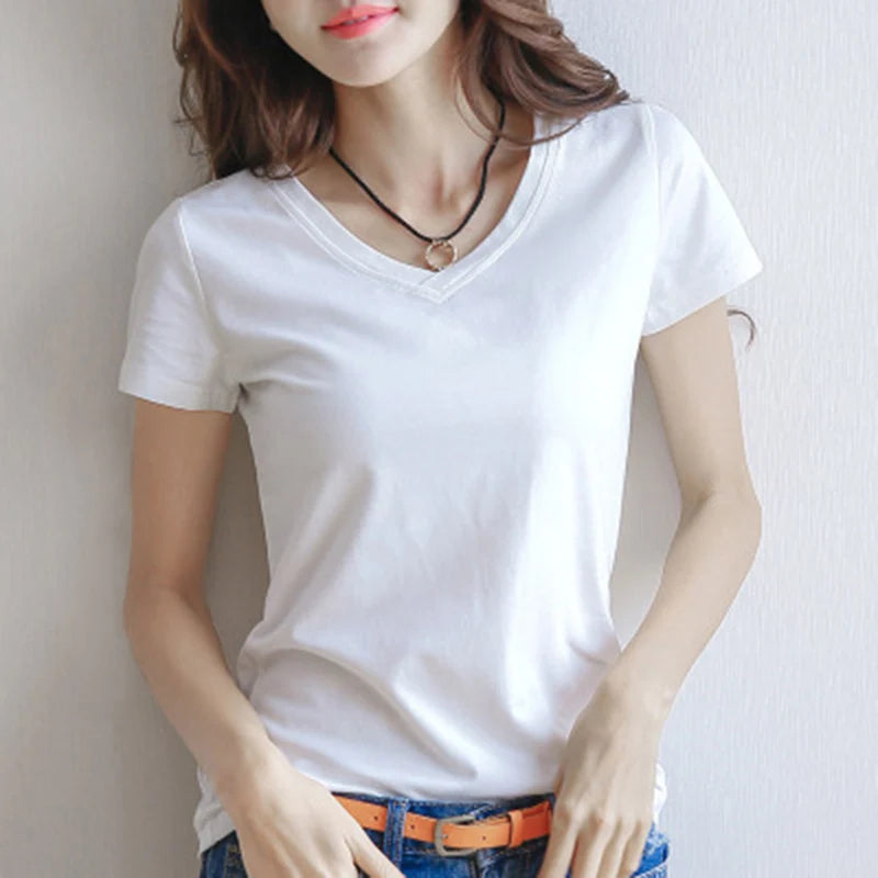 NEW Spring Summer Women T-shirt Black V-Neck Short Sleeve Female Tee Slim White T-Shirt Casual Solid Color Lady Tshirt Tops